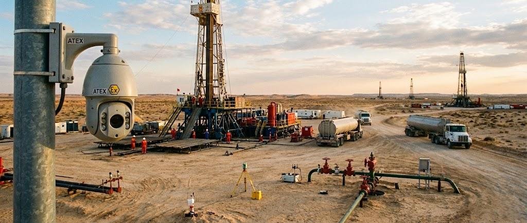 SWGJ stainless steel explosion-proof PTZ camera monitoring onshore oil and gas drilling rigs in a desert environment.