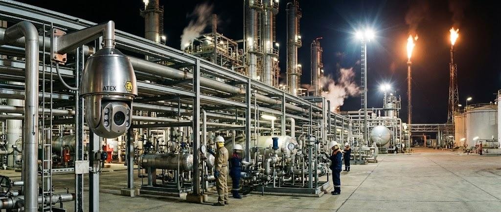 SWGJ stainless steel explosion-proof PTZ camera monitoring an oil refinery plant at night with flare stacks and pipelines.