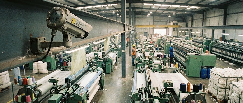 SWGJ stainless steel explosion-proof camera monitoring textile looms and cotton piles in a dusty spinning mill environment.