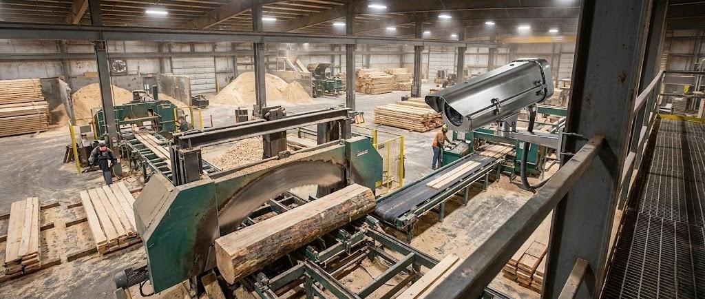SWGJ stainless steel explosion-proof camera monitoring a wood processing sawmill with sawdust piles and lumber machinery.