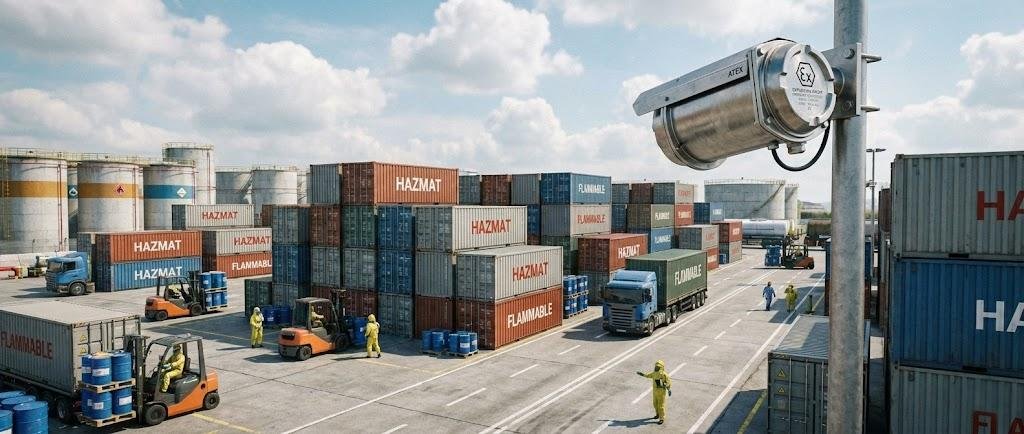 SWGJ stainless steel explosion-proof camera monitoring a hazardous materials logistics yard with HAZMAT containers and chemical storage tanks.