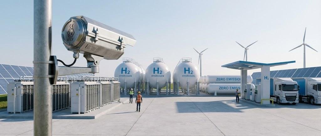 SWGJ stainless steel explosion-proof camera monitoring a hydrogen fueling station and H2 storage tanks at a renewable energy facility.