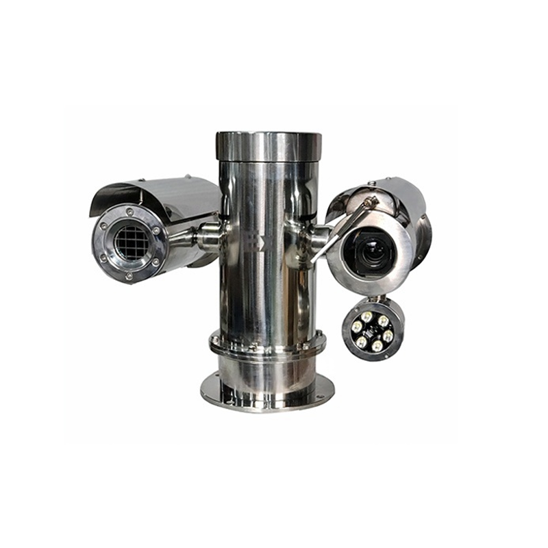 Dual payload explosion proof PTZ camera station with external IR illuminator and optical lens