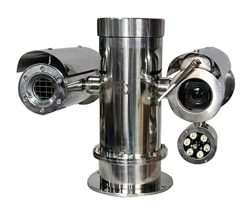 Dual payload explosion proof PTZ camera station with external IR illuminator and optical lens