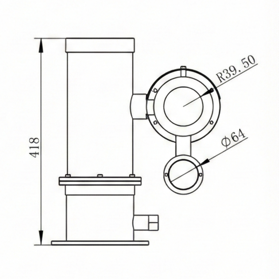 Dimension drawing of SWGJ 316 stainless steel explosion proof camera station with illuminator